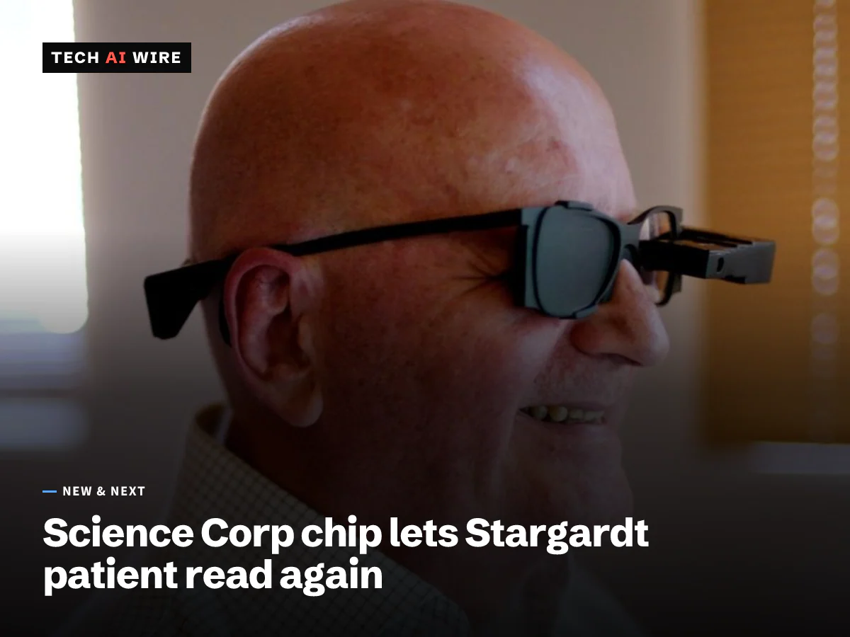 A man wearing Science Corporation's PRIMA camera glasses, in a still from the company's video about its first Stargardt disease patient.